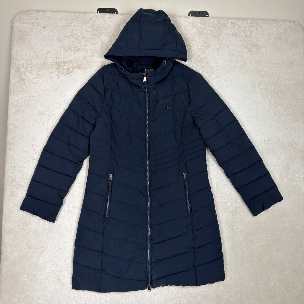 Lauren Ralph Lauren Navy Blue Quilted Puffer Coat Hooded Mid-Length Size M